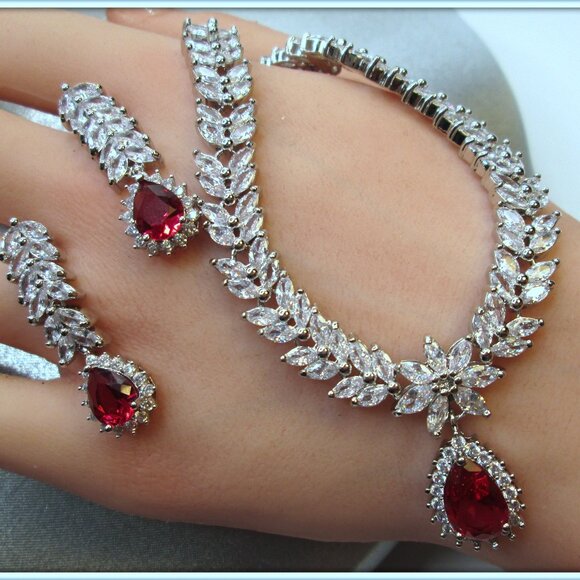 Ruby pear cue gemstone Simply stunning necklace and earring jewelry set
